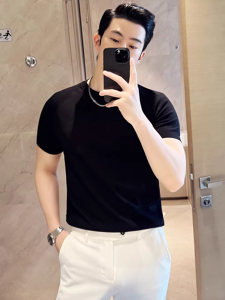 Áo thun nam chất lượng cao, tay ngắn, kiểu mới hè 2025, màu trơn, đa năng, phong cách thường ngày, thời trang và thoải mái