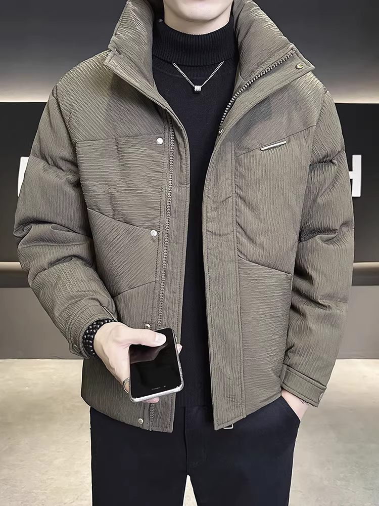 Áo khoác nam, kiểu dáng mùa đông mới, phong cách thời thượng cao cấp, cổ đứng, dáng ngắn, kiểu dáng giản dị, ấm áp và dày dặn