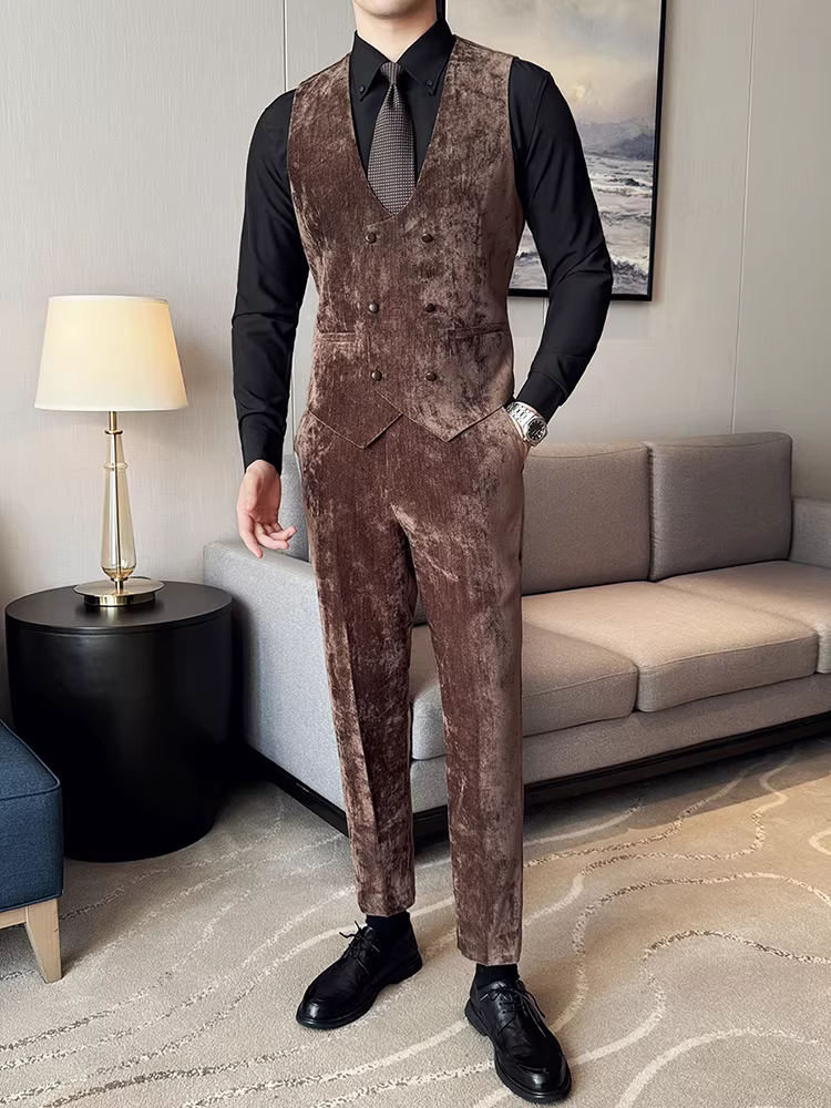 Áo vest nam chất liệu nhung tăm, dáng vest hai hàng khuy, kiểu dáng ôm body, thời trang mới mùa thu 2025, phù hợp cho phù rể.