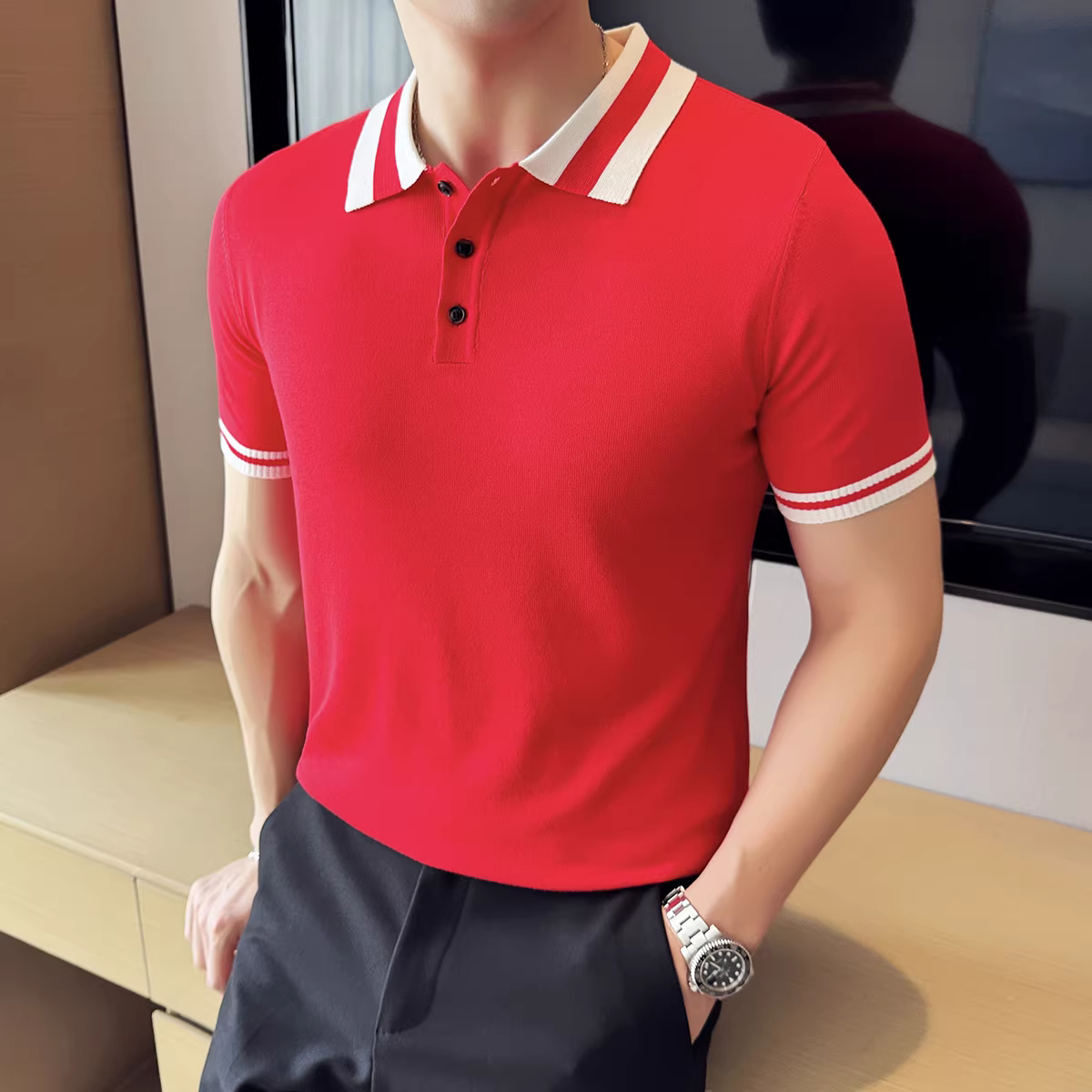 Áo polo dệt kim mỏng bằng lụa băng kiểu Anh dành cho nam, tay ngắn, thoáng khí, thoải mái, đa năng, áo thun phối màu cao cấp cho mùa hè