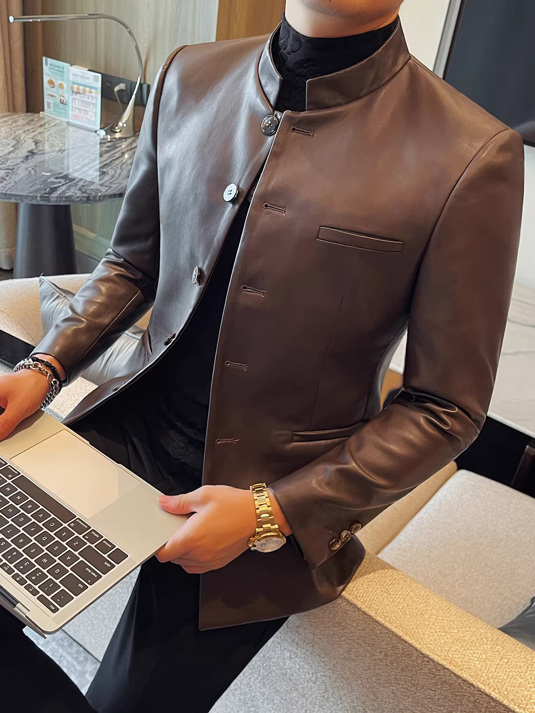 Áo vest da kiểu Trung Quốc mới dành cho nam 2025, thời trang mới, kiểu dáng ôm body, lịch lãm, cao cấp