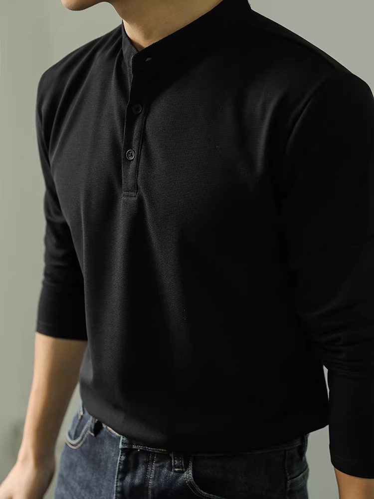 Áo thun cổ Henry dành cho nam, dài tay, mùa thu đông, phong cách công sở cao cấp, đa năng, màu trơn, áo polo kiểu Trung Quốc mới.