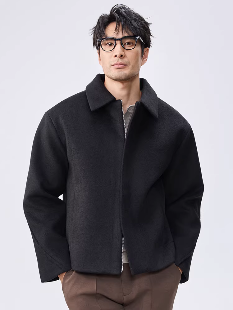 Áo khoác len nam có khóa kéo đôi, kiểu mới thu đông 2025, dáng ngắn cổ trụ, chất liệu len pha.
