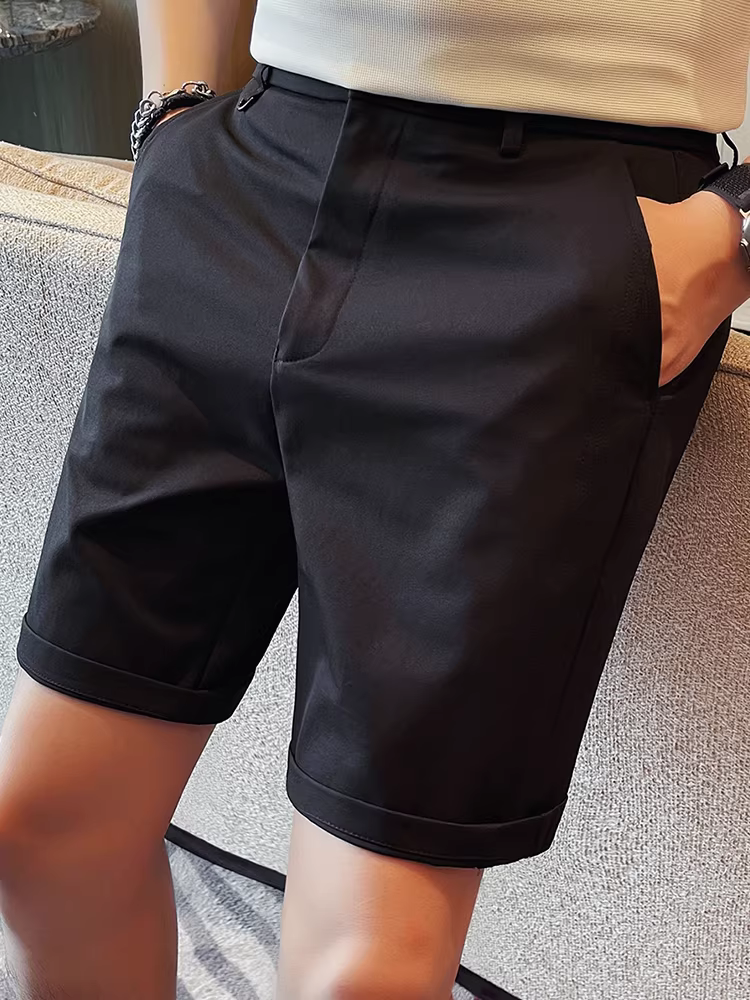 Quần short nam cao cấp lưng thun bán co giãn, kiểu dáng mới mùa hè, phong cách công sở giản dị, màu trơn đa năng, quần lửng năm phần.