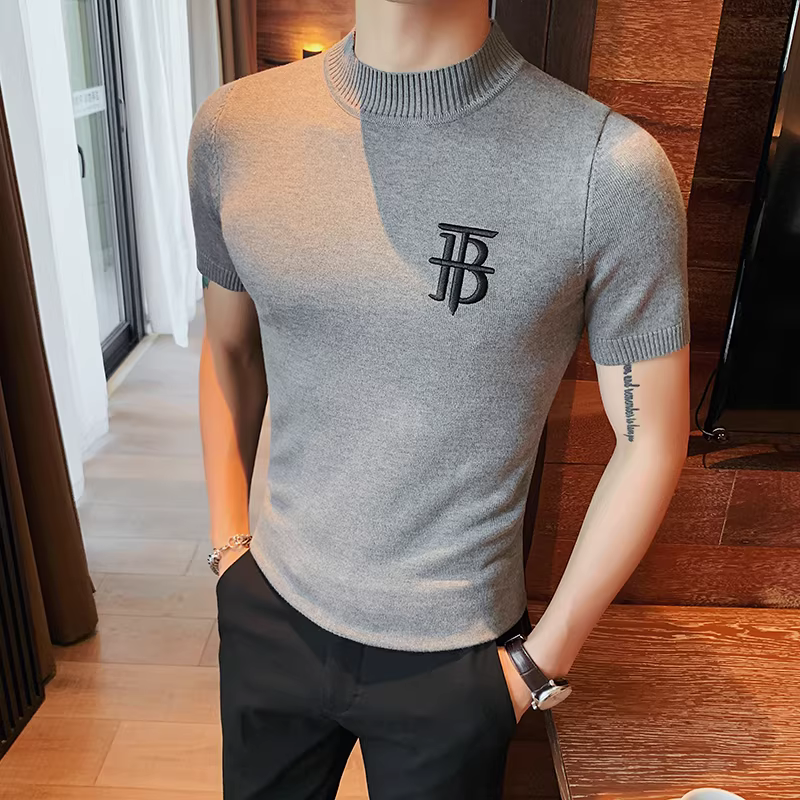 Áo thun nam tay ngắn chất liệu lụa băng thêu, áo thun nam dệt kim mỏng nhẹ mùa hè, kiểu dáng thời trang phong cách Anh, ôm body