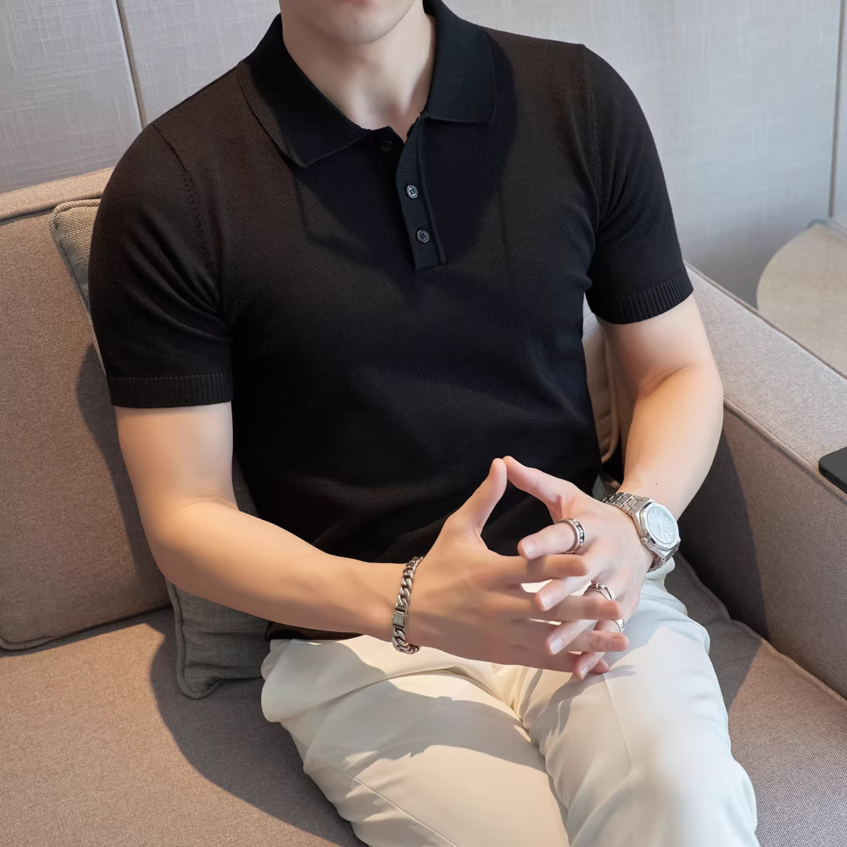 Áo polo lụa đá tay ngắn nam mùa hè mỏng cao cấp, kiểu dáng đa năng, ôm body, thời trang, chất liệu dệt kim, cổ trụ, lịch lãm.