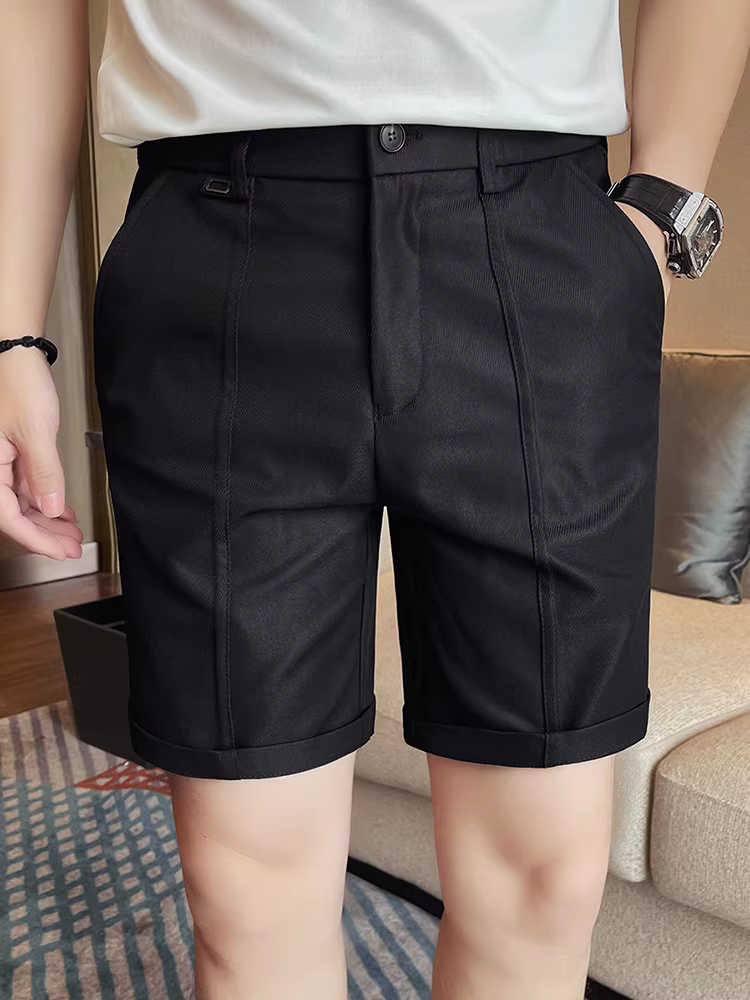 Quần short nam lưng thun bán co giãn, kiểu dáng thời trang mùa hè 2025, đa năng, quần âu công sở, dáng thẳng, dài đến đầu gối