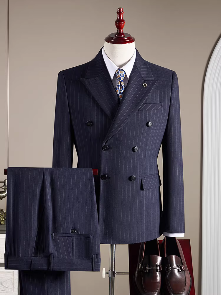 Bộ vest kẻ sọc hai hàng khuy nam, trang phục công sở lịch lãm, kiểu dáng ôm body, size lớn, vest chú rể đám cưới, bộ ba món