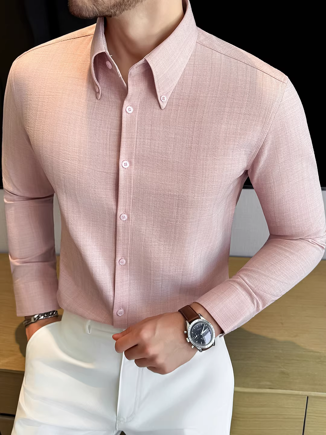 Áo sơ mi nam cổ nhọn họa tiết jacquard tối màu, dài tay, chất lượng cao, phong cách công sở giản dị, hơi rộng, đa năng, dễ chăm sóc, kiểu dáng Anh quốc