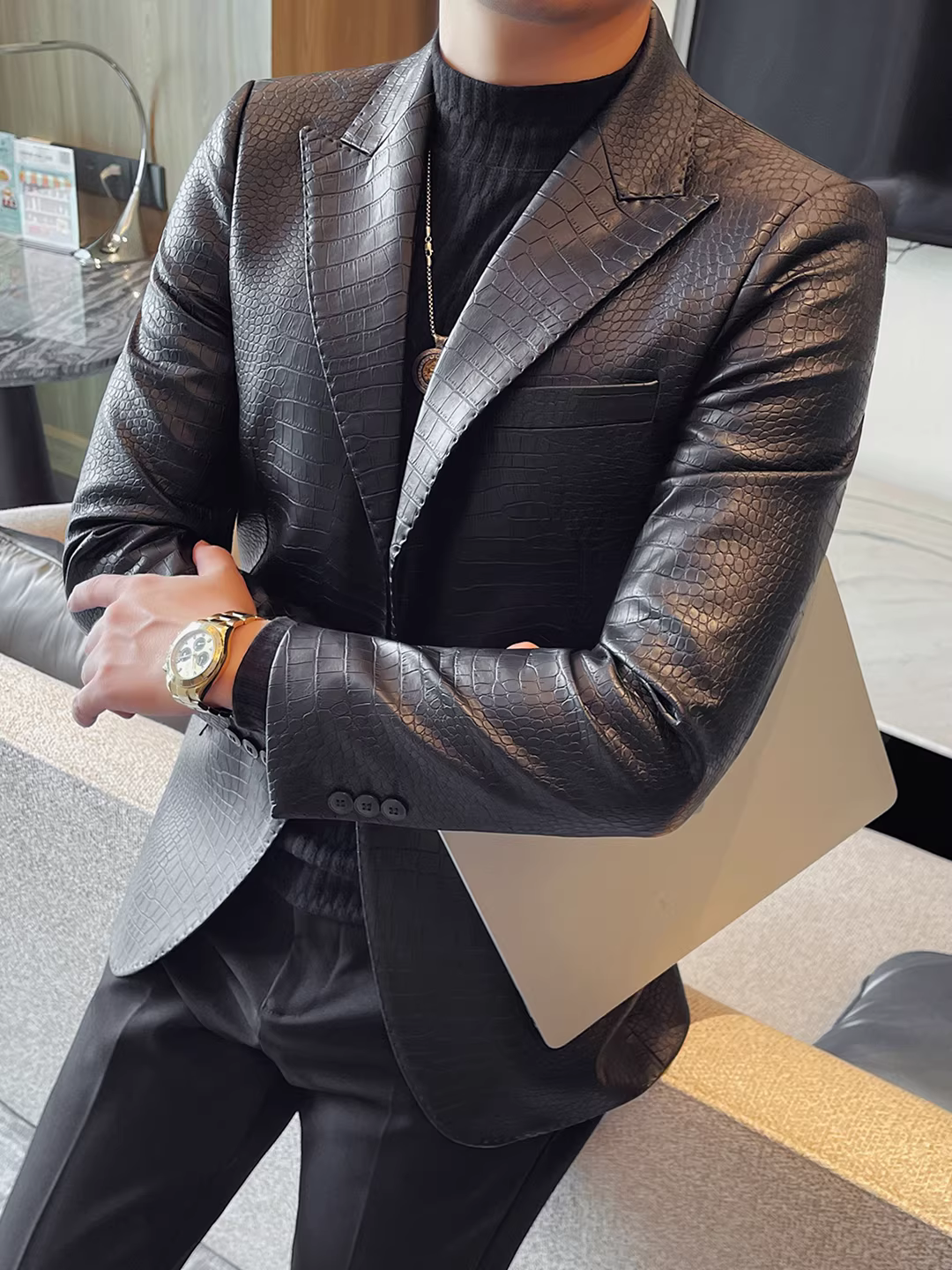 Áo blazer nam họa tiết cá sấu, ve nhọn, kiểu mới 2025, chất lượng cao, dáng ôm, thời trang, lịch lãm, vest đơn hàng nút.