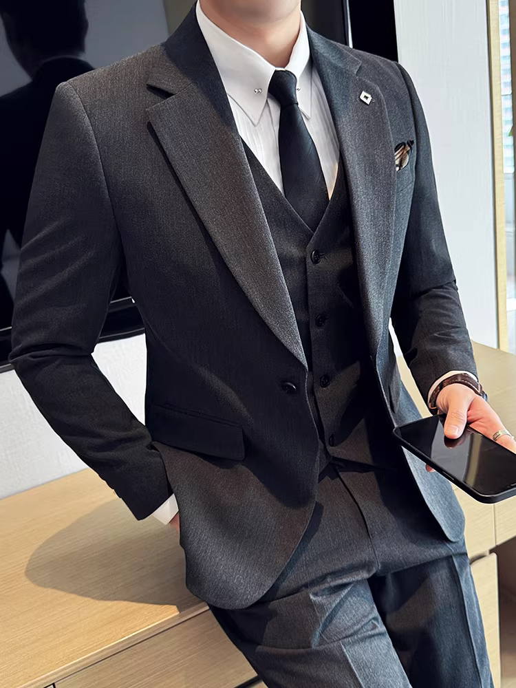 Bộ vest nam một nút, kiểu dáng mới xuân thu, cao cấp, ôm dáng, lịch lãm, phù hợp cho đám cưới, bộ ba món