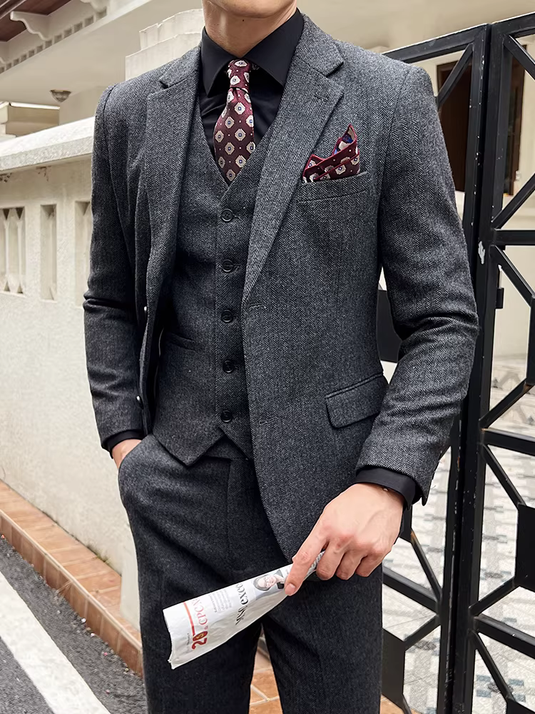 Vest len kẻ xương cá, vest nam thu đông mới, kiểu dáng công sở lịch lãm, ôm dáng, lịch lãm, thời trang, vest lịch sự