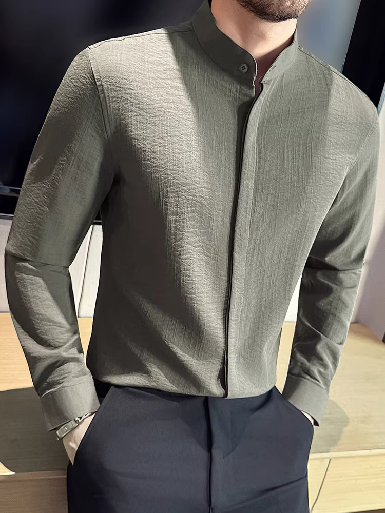 Áo sơ mi nam cổ đứng kiểu Trung Hoa, chất liệu có vân, tay dài, kiểu dáng mới thu đông 2025, dễ chăm sóc, phong cách công sở lịch sự, kẻ sọc tối màu