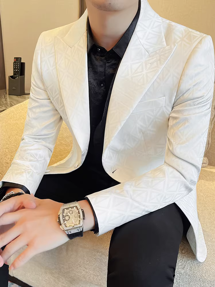 Áo blazer nam cao cấp in họa tiết, xu hướng thời trang thu đông 2025, dáng ôm, lịch lãm, kiểu vest công sở