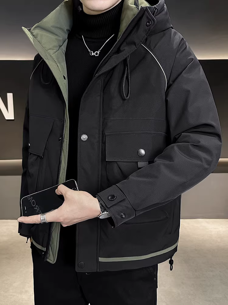 Áo khoác có mũ trùm đầu dành cho nam, kiểu dáng ngắn, thời trang mới mùa đông 2024, cao cấp, hợp thời trang, dày dặn, ấm áp, áo khoác gió.