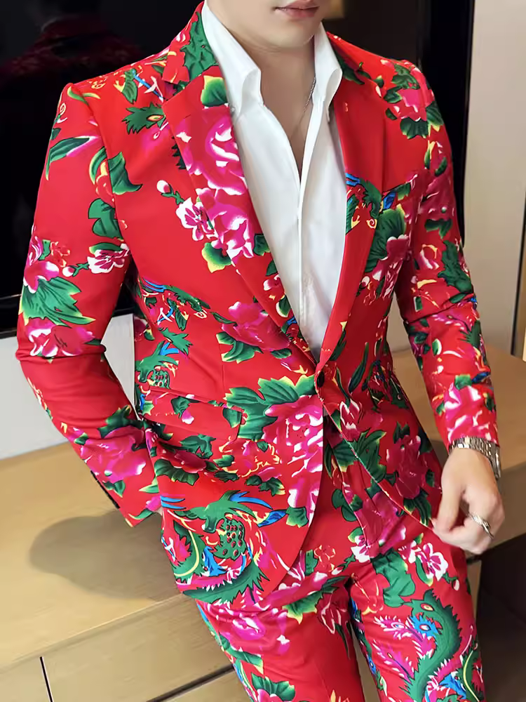 Bộ vest nam hoa đỏ lớn phía Đông Bắc thời trang hợp xu hướng cá tính cổ điển đẹp trai thanh lịch cao cấp hai mảnh