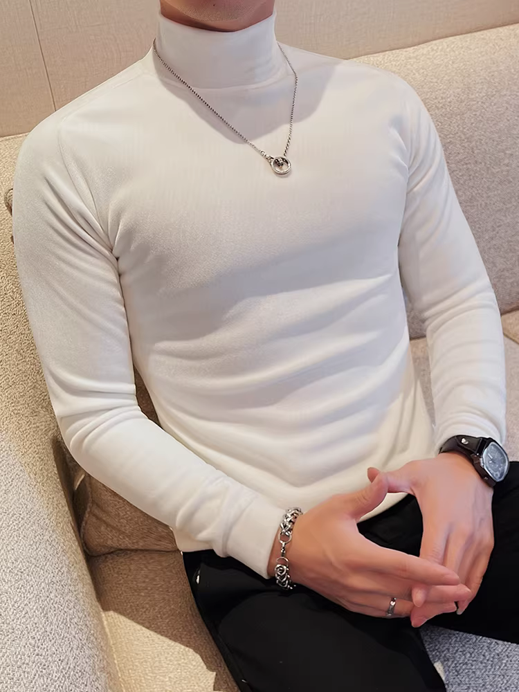 Áo sơ mi nam cổ cao nửa cổ, lót lông cừu dày dặn, chất liệu nhung, tay dài, ôm dáng, đa năng, cao cấp.