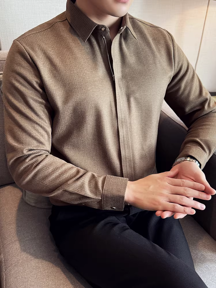 Áo sơ mi len dày có khóa kéo dành cho nam, dài tay, kiểu dáng thu đông mới, liền mạch, đa năng, ôm dáng, áo sơ mi công sở thông thường