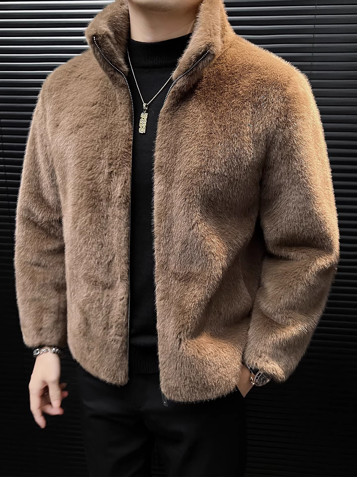 Áo khoác lông giả mink cao cấp dành cho nam, kiểu mới thu đông 2025, dày dặn và ấm áp, cổ đứng, áo khoác lông tích hợp dáng rộng