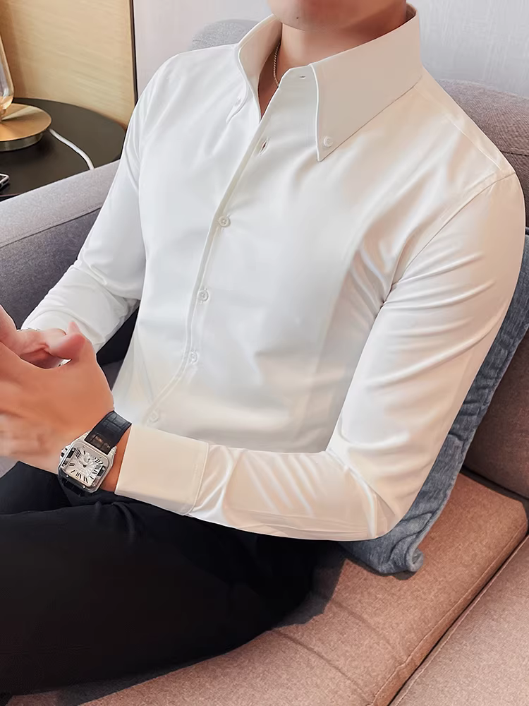 Áo sơ mi nam dài tay cổ nhọn kiểu Pháp, lót lông cừu mùa thu đông, dáng ôm, áo sơ mi trắng trang trọng, lịch sự, cao cấp