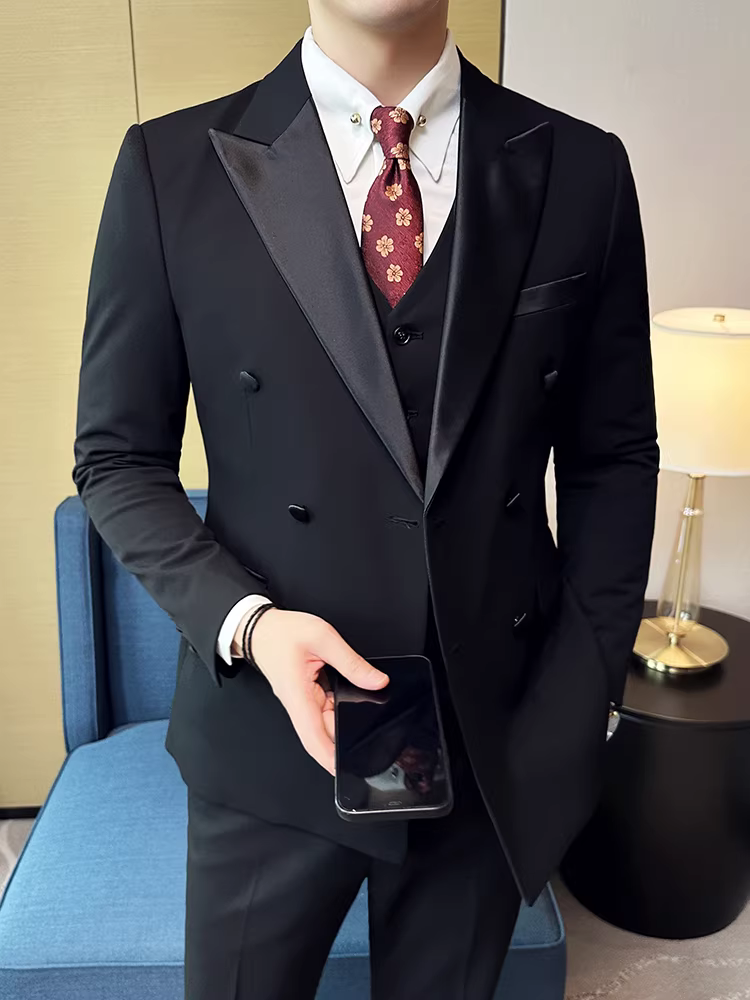 Bộ vest nam hai hàng khuy, kiểu dáng Anh cao cấp, ôm dáng, vest cưới chú rể, vest công sở lịch lãm, bộ ba món