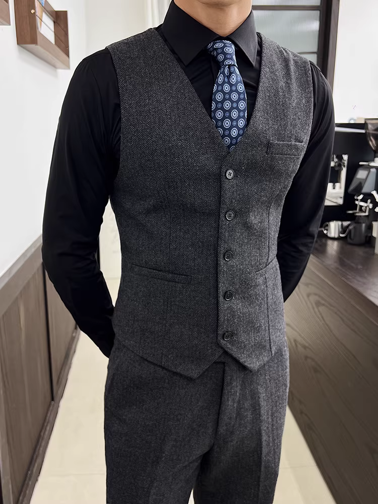 Áo vest len kẻ xương cá nam, vest công sở mùa thu đông mới, vest cưới, vest phù rể