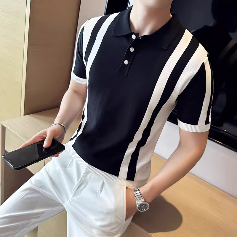Áo polo nam dệt kim sọc phối màu, tay ngắn, kiểu dáng mỏng nhẹ mùa hè, chất liệu cao cấp phong cách công sở lịch lãm kiểu Anh, chất liệu lụa đá mát lạnh