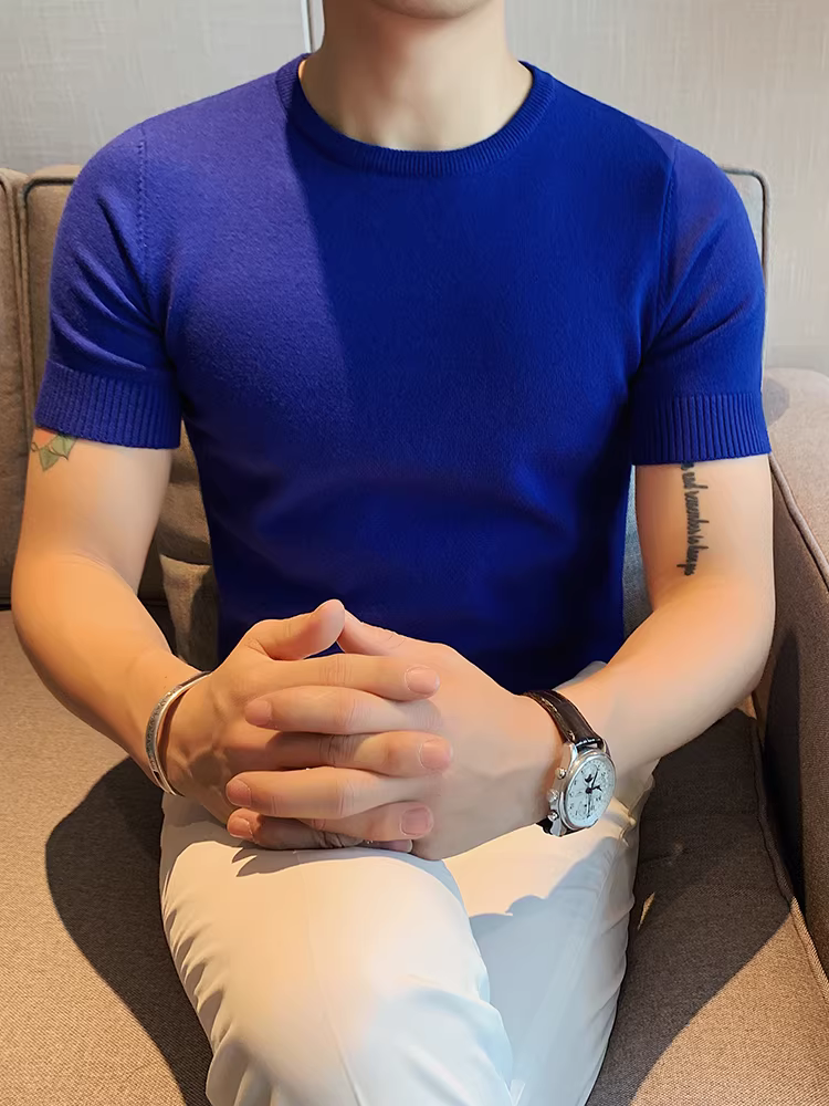 Áo len cổ tròn thu đông cho nam, dáng ôm, phong cách Hàn Quốc, hợp thời trang, đa năng, áo thun lụa băng, tay lửng, áo thun dệt kim ngắn tay thông thường.