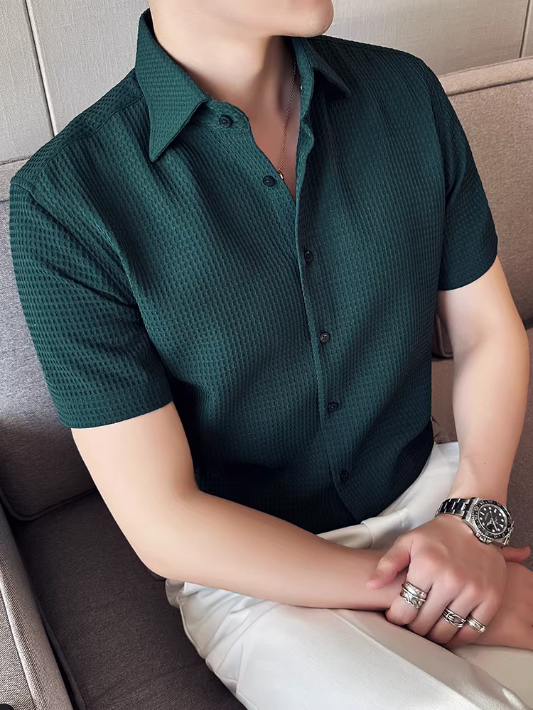 Áo sơ mi nam ngắn tay dệt kim mùa hè, phong cách công sở cao cấp, mềm mại, thời trang cổ nhọn kiểu Pháp, áo đẹp trai