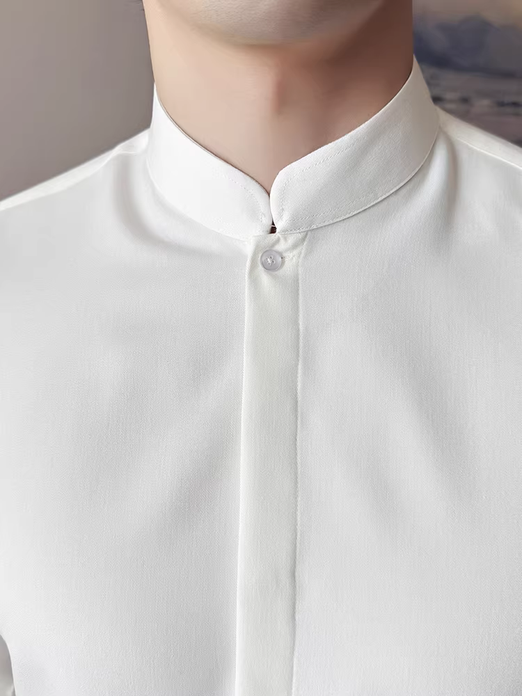 Áo sơ mi nam dài tay cổ đứng kiểu Trung Quốc mới có cúc ẩn, cao cấp, hợp thời trang, ôm dáng, chống nhăn, dễ chăm sóc, áo sơ mi trắng công sở