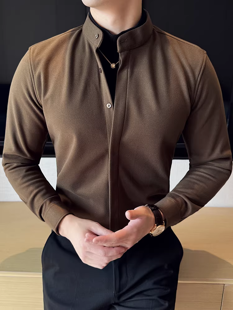 Áo sơ mi len cổ đứng giả hai mảnh dành cho nam, dài tay, dày dặn cho mùa thu đông, ấm áp, áo sơ mi len công sở cao cấp.