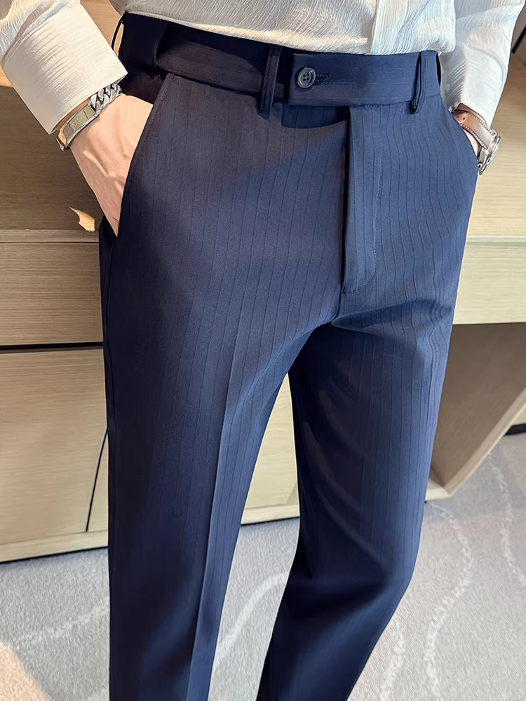 Quần âu nam lưng thun kẻ sọc tối màu, quần âu chất lượng cao, dáng suông, ôm dáng, dễ chăm sóc.