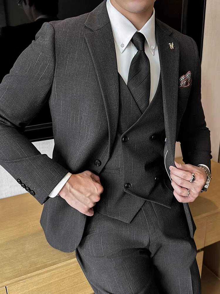 Bộ vest nam một nút, kiểu dáng ôm body cao cấp, trang phục công sở lịch lãm, dễ chăm sóc, bộ vest ba mảnh không nhăn.