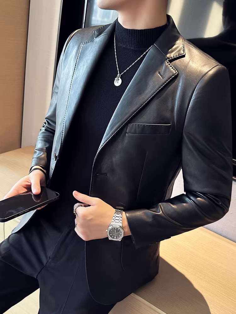 Áo khoác da nam, kiểu xuân thu mới, phiên bản cao cấp Hàn Quốc, dáng ôm, sành điệu, lịch sự, đa năng.