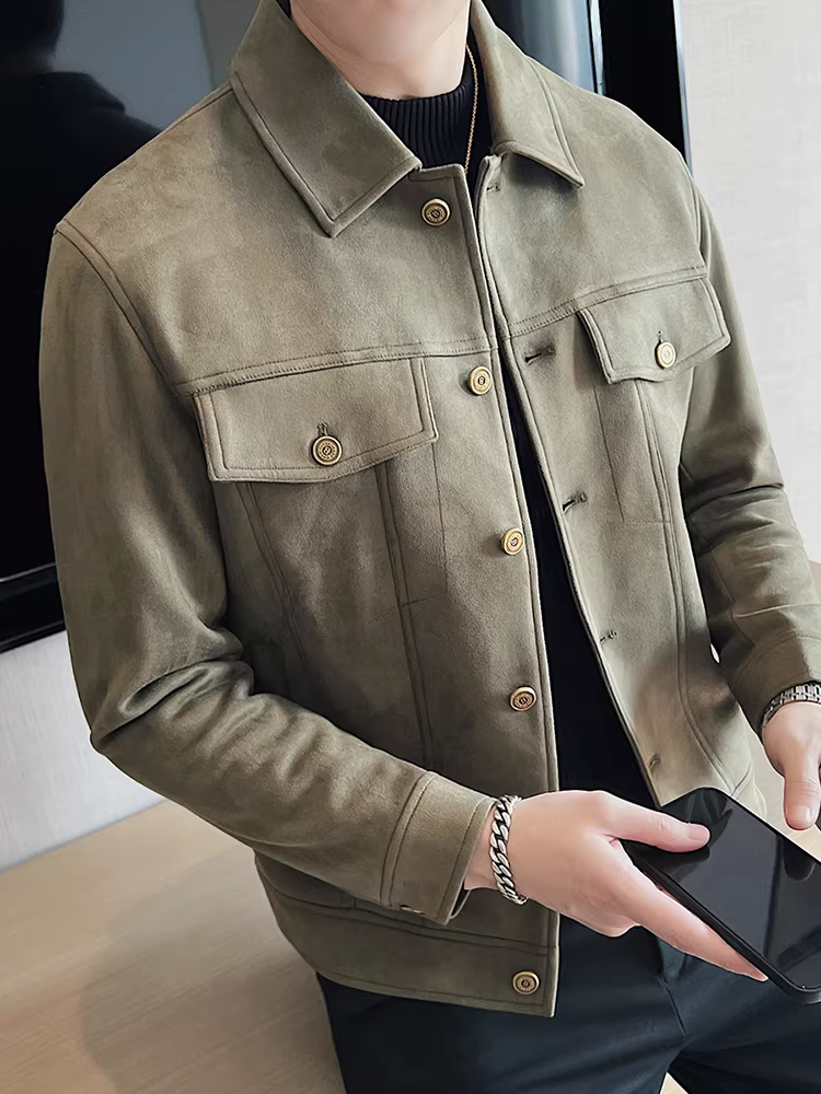 Áo khoác da lộn nam, thu đông, dày dặn, thời trang, hợp xu hướng, cao cấp, ôm dáng, ve áo sắc nét, kiểu ngắn