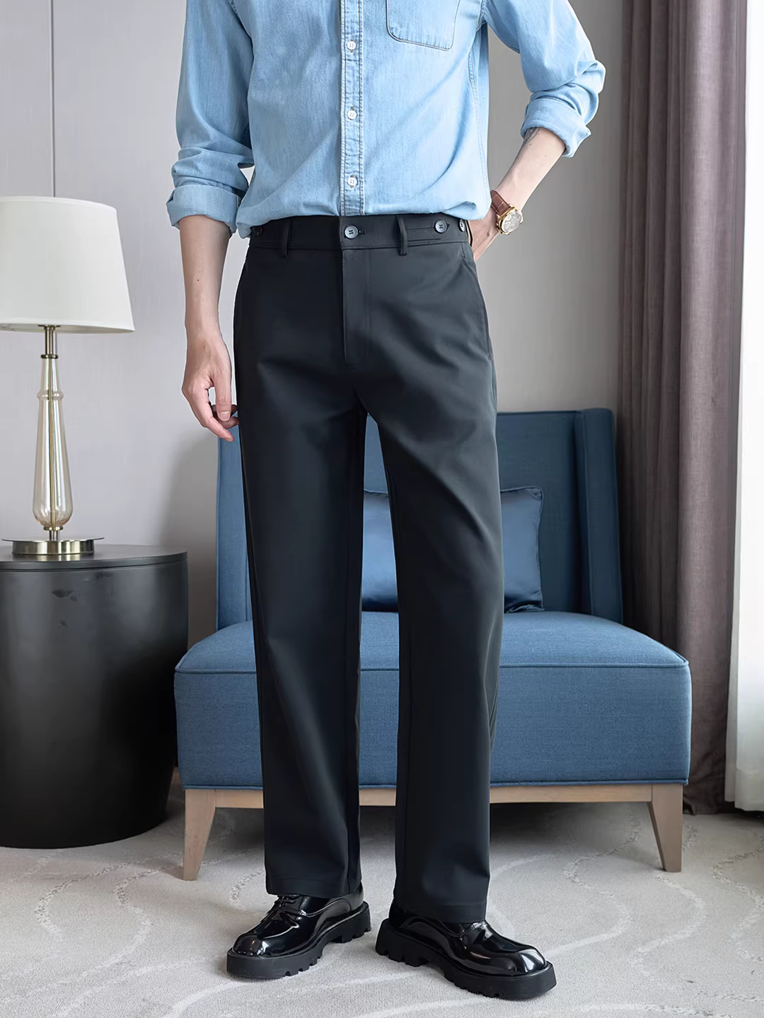 Quần âu nam chất liệu cotton Tencel Lyocell cao cấp, dáng rộng, thẳng, thoải mái, thời trang, lưng quần bán co giãn, thích hợp cho công việc.