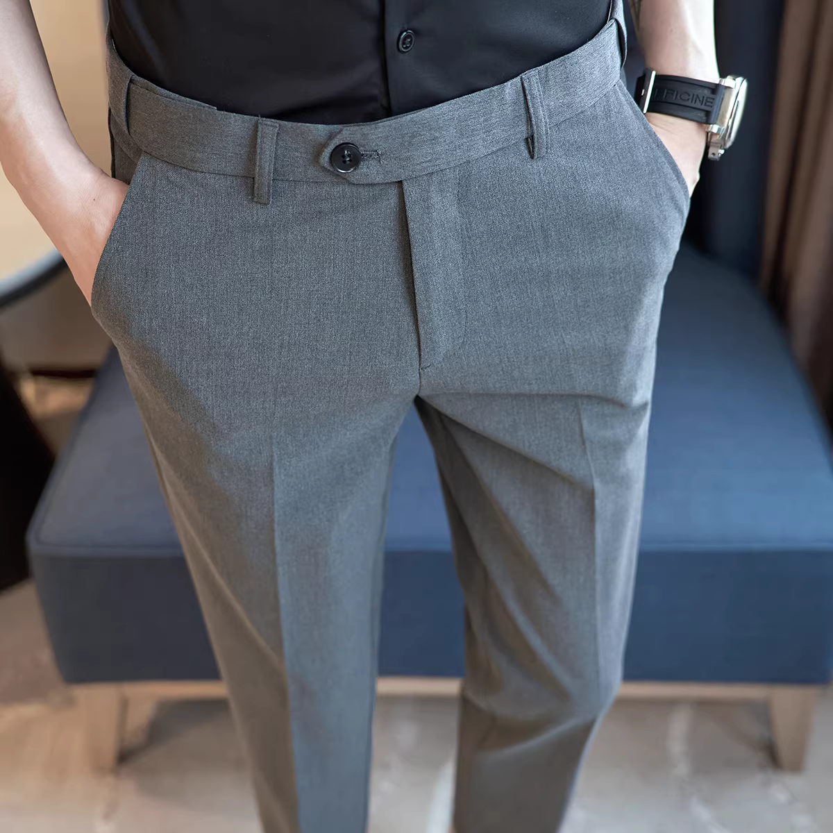 Quần âu nam chất liệu thun co giãn, kiểu dáng xuông, màu trơn, mới xuân hè, dáng ôm vừa vặn, dài đến mắt cá chân, dành cho nam giới trẻ.