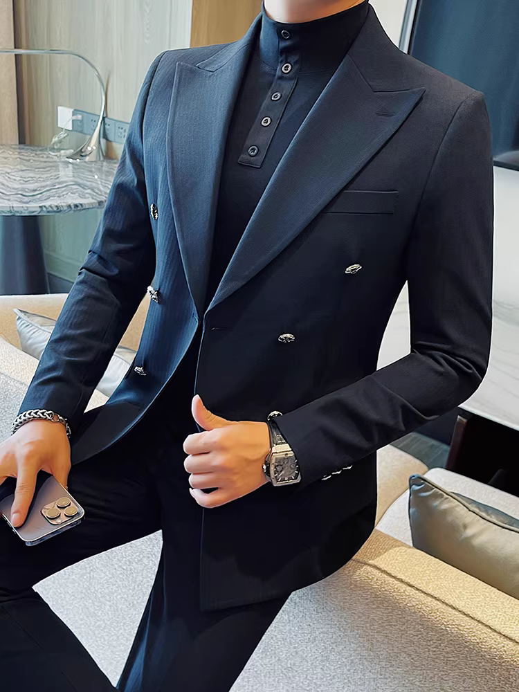 Bộ vest nam hai hàng khuy, kiểu mới thu đông 2024, phong cách công sở lịch lãm, đa năng, ôm dáng, áo vest thời trang