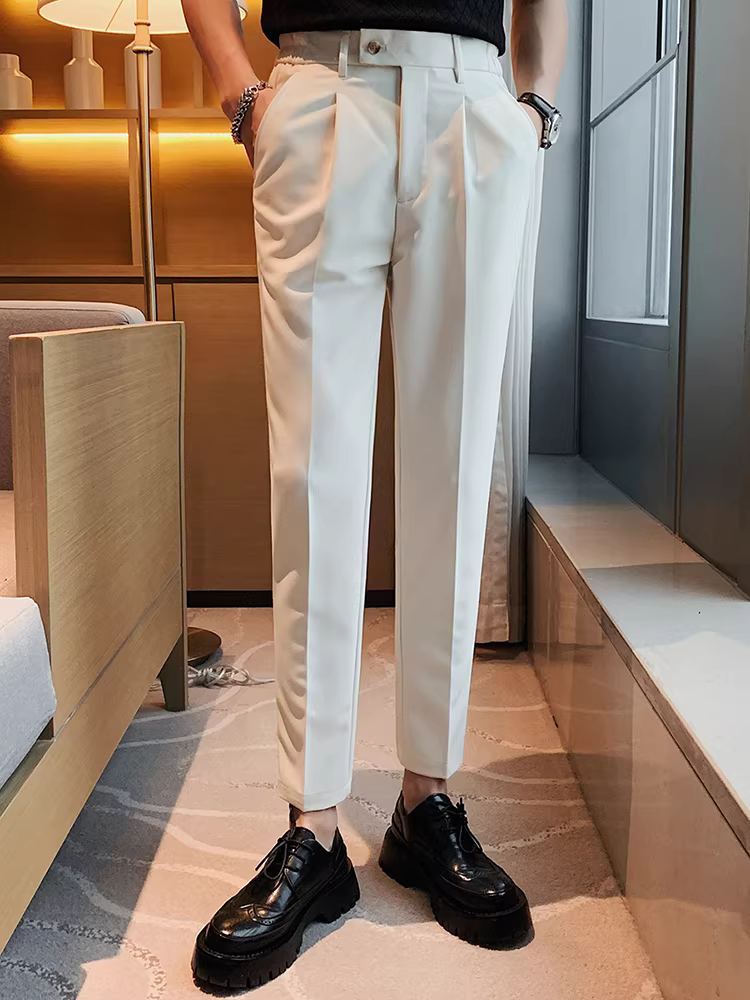 Quần âu nam mùa hè chất liệu thun co giãn, kiểu dáng ôm vừa vặn, ống côn, thời trang, đa năng, dễ chăm sóc.