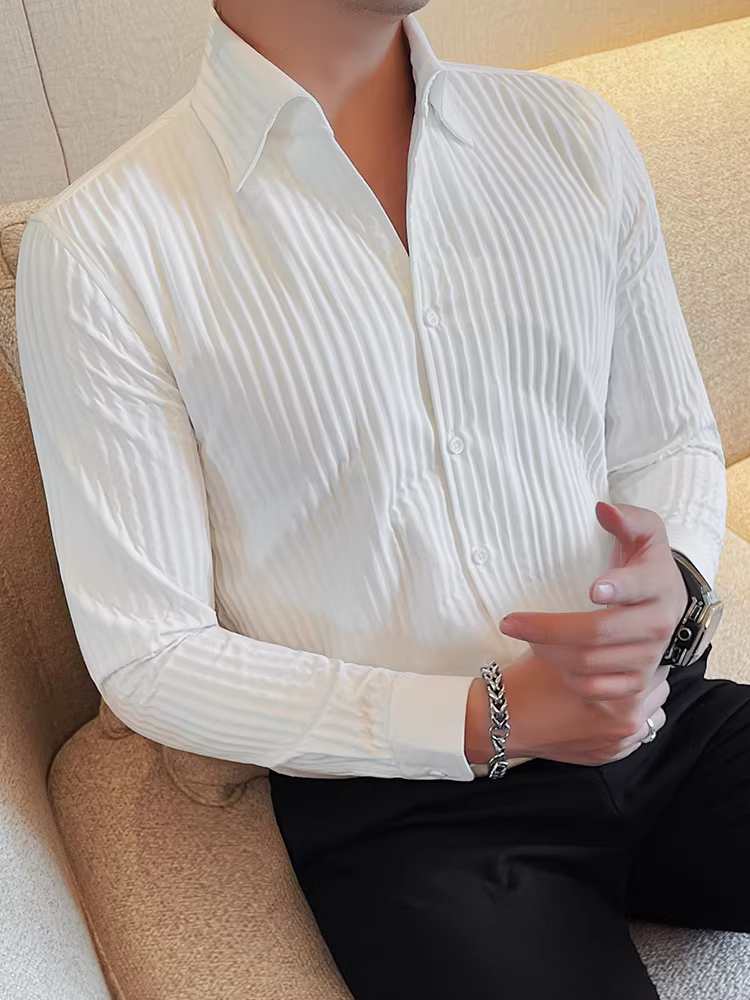 Áo sơ mi nam cổ V Pháp, kẻ sọc tối màu, tay dài, kiểu mới thu đông 2024, phong cách công sở lịch lãm, ôm dáng thời trang