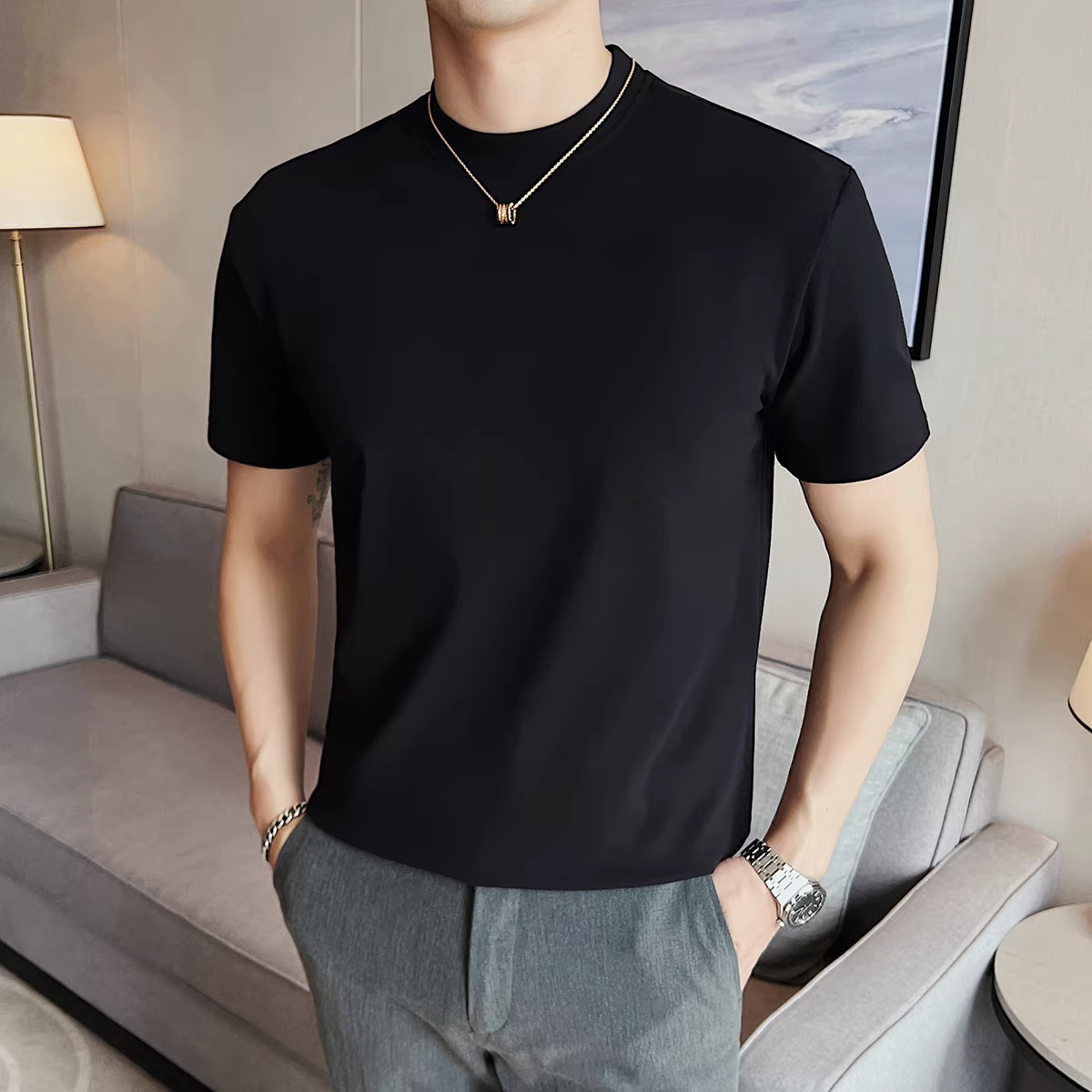 Áo sơ mi giữ nhiệt dành cho nam mùa thu đông, dày dặn và ấm áp, cổ tròn, tay ngắn, áo thun lông cừu hai mặt, vừa vặn, đa năng và hợp thời trang để mặc nhiều lớp.