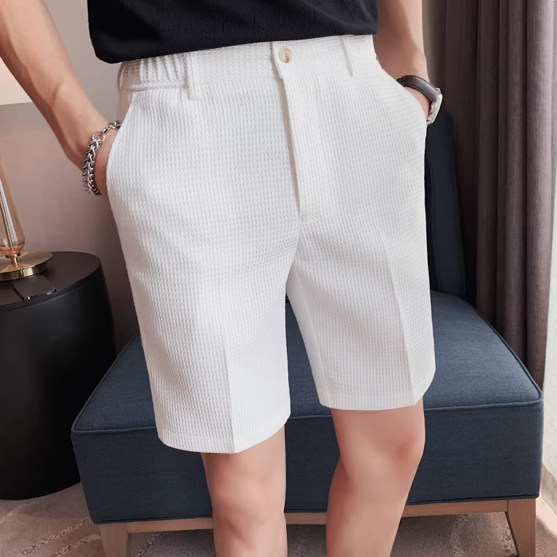 Quần short kiểu waffle cho nam, kiểu dáng mỏng nhẹ mùa hè, quần tây cao cấp năm phần, quần dài thẳng ống xu hướng phong cách Anh quốc.