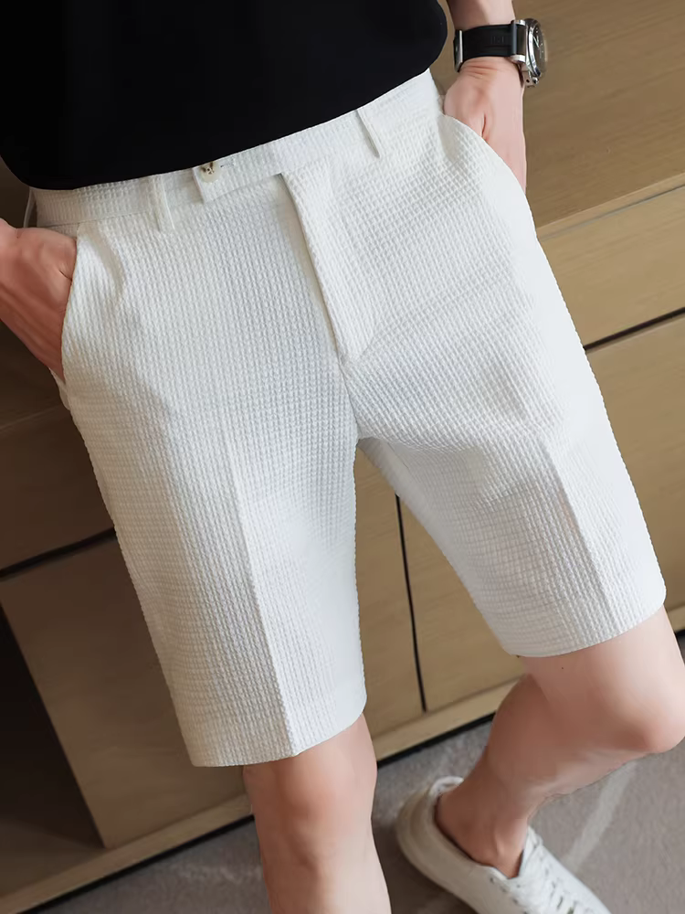 Quần short waffle nam, kiểu dáng mỏng mùa hè, quần tây công sở cao cấp, quần dài năm phần thời trang đa năng, lưng thun co giãn.