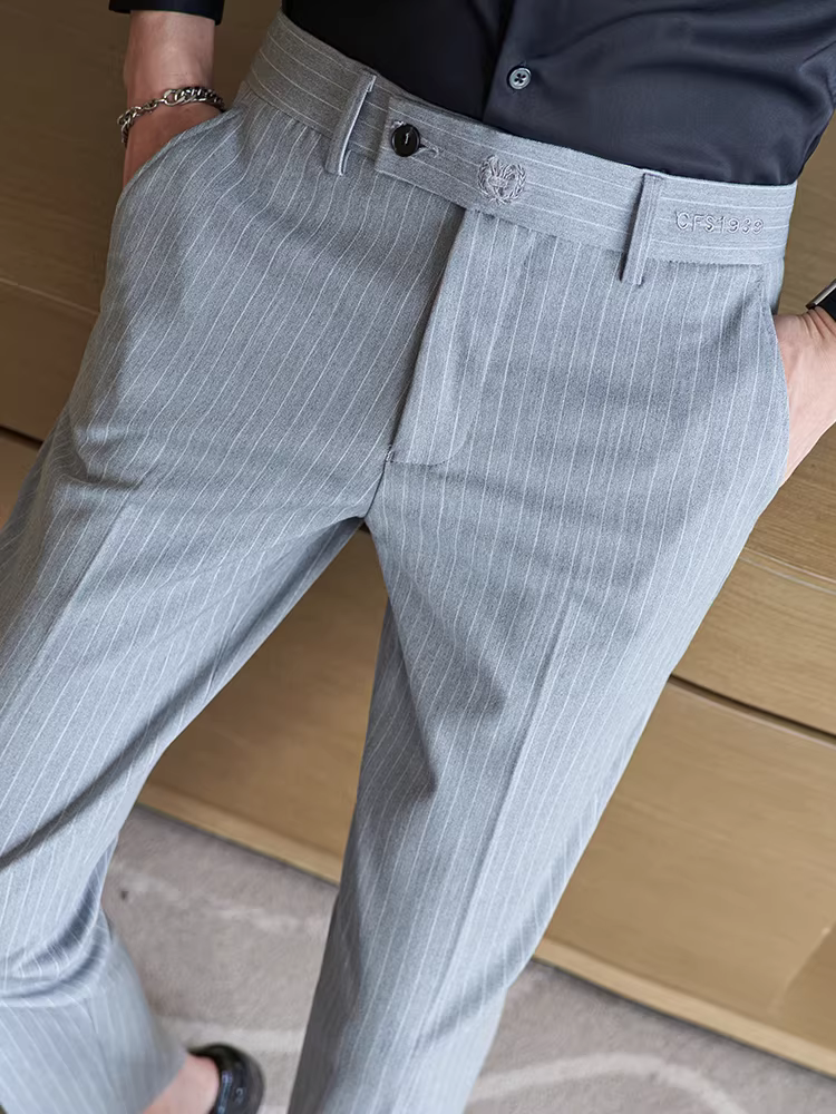Quần âu nam kẻ sọc, quần công sở cao cấp mùa xuân thu mới, quần âu kiểu Anh dáng ôm thêu