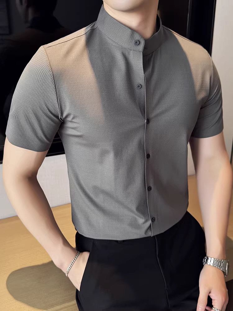 Áo sơ mi ngắn tay cổ đứng kiểu Trung Quốc mới dành cho nam giới, trang phục công sở mỏng mùa hè, trang phục công sở chuyên nghiệp, áo sơ mi waffle cao cấp
