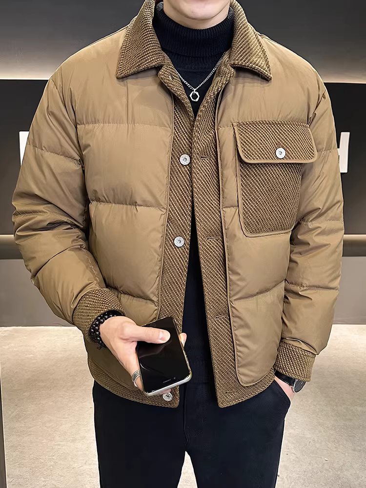Áo khoác có cổ thiết kế ghép nối dành cho nam, dày dặn mùa đông, ấm áp và chống lạnh, cao cấp nhẹ nhàng sang trọng, áo khoác ngắn dáng rộng, phong cách giản dị.
