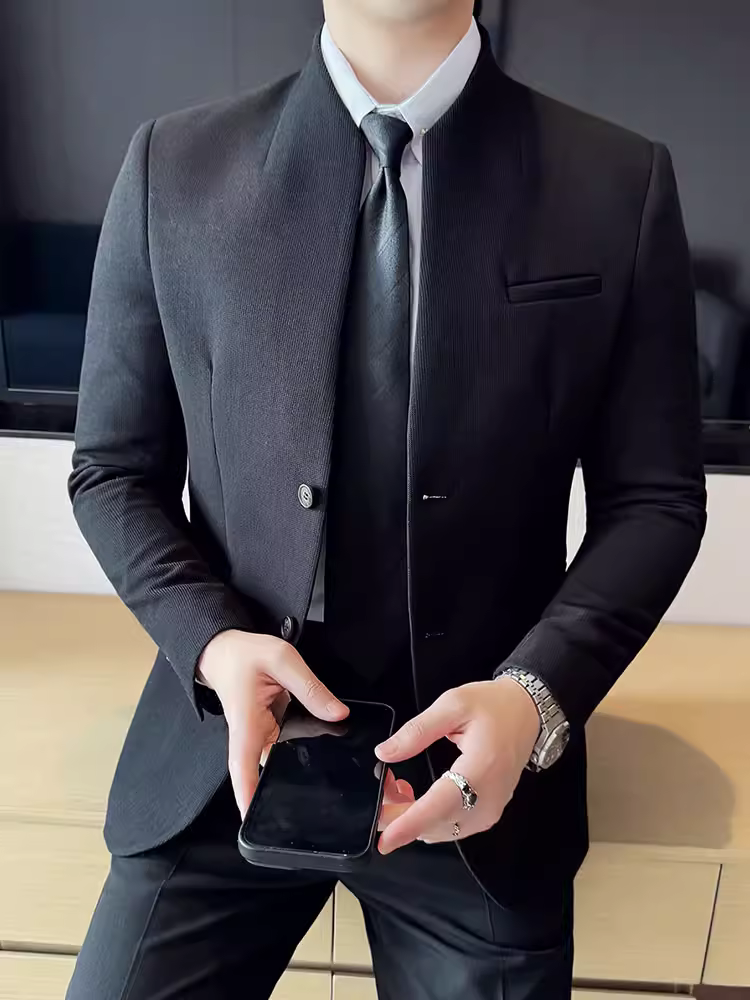 Áo blazer nam chất liệu vải waffle kiểu dáng cổ đứng phong cách Trung Hoa mới, áo vest công sở cao cấp, đa năng, kiểu dáng ôm body.