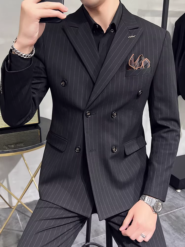 Bộ vest kẻ sọc hai hàng khuy dành cho nam, kiểu xuân thu mới, vest công sở lịch lãm cao cấp, kiểu dáng ôm body, bộ vest cưới chú rể ba món