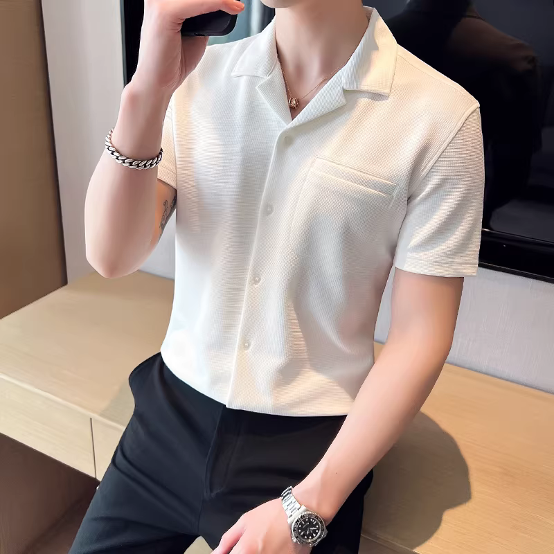 Áo sơ mi lụa đá kiểu Cuba dành cho nam, tay ngắn, phiên bản mùa hè mỏng, kiểu dáng ôm body thời thượng, áo sơ mi công sở cao cấp, phong cách và đa năng.