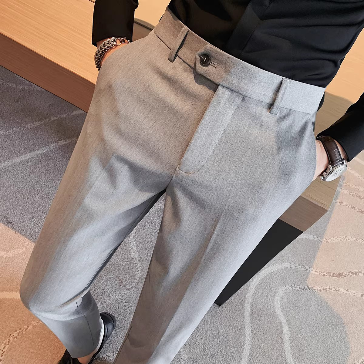 Quần âu nam, kiểu dáng xuân thu mới, quần tây công sở thêu cao cấp thời trang, quần ống côn ôm dáng hợp xu hướng